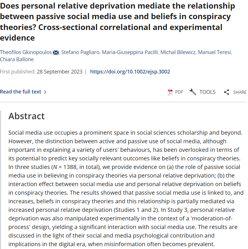 Interested in the links between passive/active social media use, personal relative deprivation & conspiracy beliefs? Read our paper appearing in EJSP, together with @PagliaroStefano @Michal_Bilewicz @gpacilli
#manuel_teresi and #chiara_ballone onlinelibrary.wiley.com/doi/10.1002/ej… @easpinfo