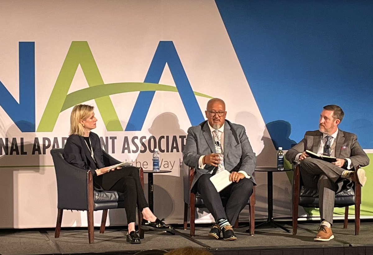 BeckySue's tweet photo. Politico’s Katy O’Donnell, Weidner’s Greg Cerbana and FAA’s Lennon "Chip" Tatum discussing affordability at NAA’s Housing Policy Summit. https://t.co/wlLjhJwOBj