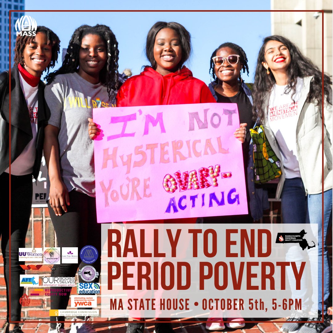It's time to stand for #menstrualjustice! @MassCSW is joining @MassNow to Rally to End Period Poverty, and you should, too! Support the I AM Bill to Increase Access to Menstrual Products (H. 534/S. 1381). Take action now: massnow.org/iam. RSVP: tinyurl.com/PeriodPovertyR…