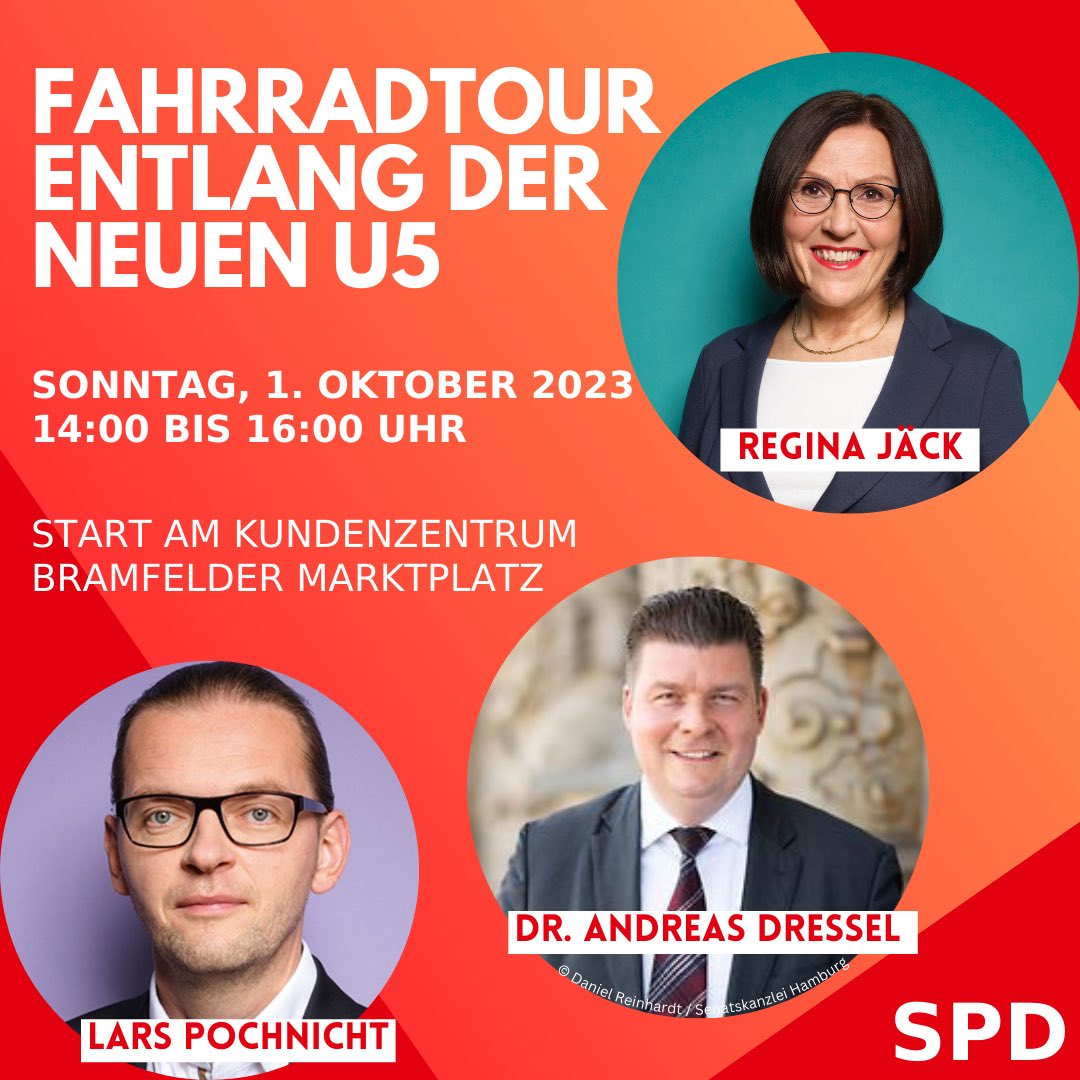 Die Bürgerschaftsabgeordneten @reginajaeckmdhb und Lars Pochnicht laden zu einer verkehrspolitischen Radtour entlang der zukünftigen U-Bahnlinie U5 ein!
 
Mit dabei ist der Finanzsenator ⁦<a href="/ADressel/">Andreas Dressel</a>⁩, der über Neuigkeiten zur Finanzierung der U5 informieren wird.