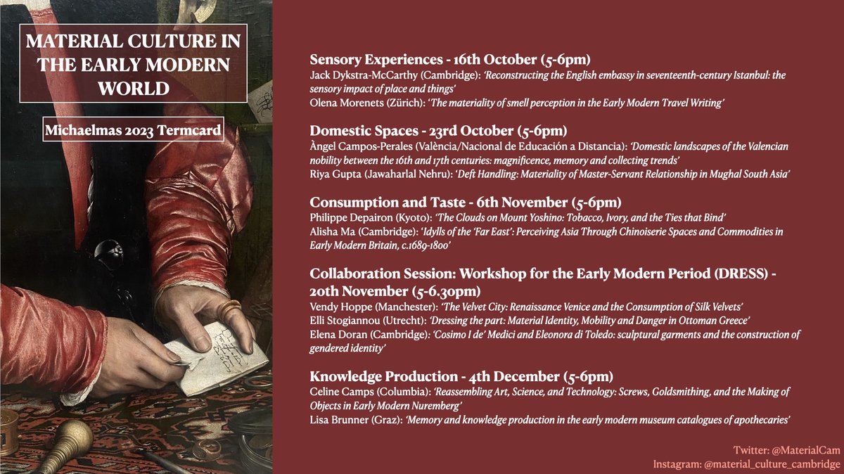 Cambridge Material Culture Workshop (@materialcam) on Twitter photo We are excited to share our Michaelmas 2023 term card (in collaboration with <a href="/EMGSCam/">Cambridge Workshop for the Early Modern Period</a>) with some incredible speakers lined up. The workshop will run in hybrid format. Attendance details will be publicised before each session, on here & via our mailing list lists.cam.ac.uk/mailman/listin… We are excited to share our Michaelmas 2023 term card (in collaboration with <a href="/EMGSCam/">Cambridge Workshop for the Early Modern Period</a>) with some incredible speakers lined up. The workshop will run in hybrid format. Attendance details will be publicised before each session, on here & via our mailing list lists.cam.ac.uk/mailman/listin…
