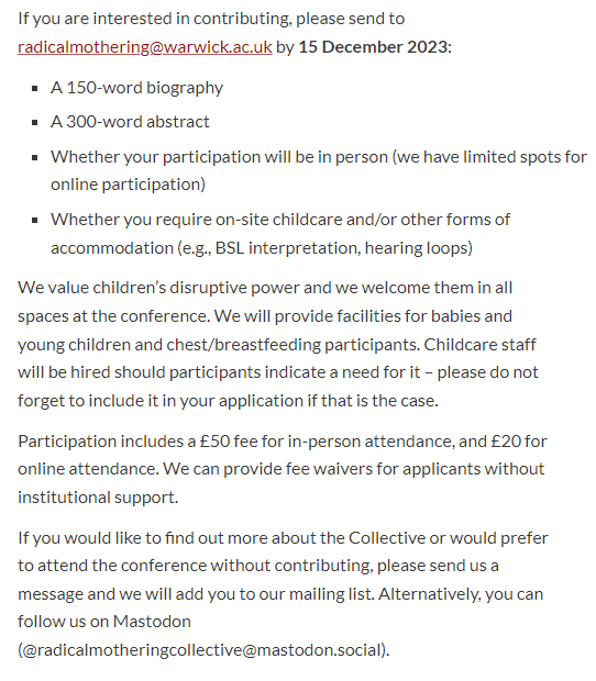 Centre for the Study of Women & Gender (Warwick) (@cswgwarwick) on Twitter photo 📢Call for Papers📢
"Radical Mothering in Europe: Everyday Forms of Resistance"
26 April 2024, University of Warwick, UK
Organised by Sarah Werner Boada (<a href="/SocioWarwick/">Warwick Sociology</a>) and Patricia Hamilton (@aPhDinAP <a href="/UoYSociology/">Department of Sociology</a>)
For full details: warwick.ac.uk/fac/soc/sociol… 📢Call for Papers📢
"Radical Mothering in Europe: Everyday Forms of Resistance"
26 April 2024, University of Warwick, UK
Organised by Sarah Werner Boada (<a href="/SocioWarwick/">Warwick Sociology</a>) and Patricia Hamilton (@aPhDinAP <a href="/UoYSociology/">Department of Sociology</a>)
For full details: warwick.ac.uk/fac/soc/sociol…
