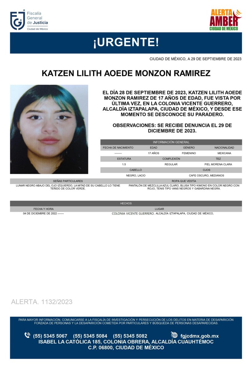 FiscaliaCDMX's tweet photo. Se activa #AlertaAmber para localizar a la menor de nombre Katzen Lilith Aoede Monzón Ramírez, de 17 años de edad, fue vista por última vez, el día 28 de septiembre de 2023, en la colonia Vicente Guerrero, alcaldía Iztapalapa https://t.co/CA5OMRBsQs