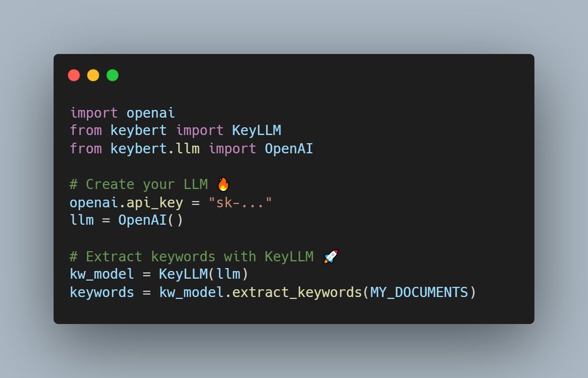 Introducing KeyLLM 🔥 An extension to KeyBERT that can create, extract, and fine-tune keywords using Large Language Models!

It supports a bunch of LLM backends, including 🤗 Transformers, OpenAI, Cohere, LiteLLM, and LangChain!