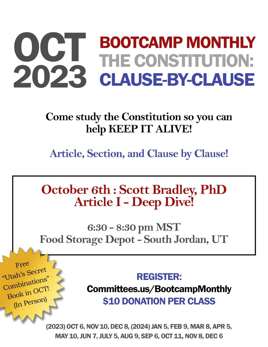DefendingUtah's tweet image. This month and every month.  Learn it to defend it.
FREE BOOK in October. Online or In-Person.
Register: Committees.US/BootcampMonthly
#constitutionday #utah
#constitution #utahfreedom #utahliberty #constitutionmonth @CoalitionUtah @realericmoutsos  @askrsb