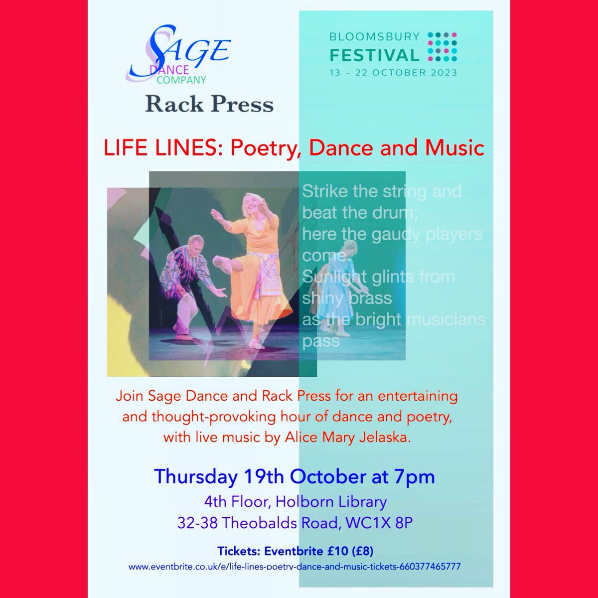 Tickets available for our cabaret event @bloomsburyfest 19/10 
in link below. 
We’re performing new choreography from three talented choreographers and are collaborating with Rack Press poets &amp; musician Alice Williamson. 
Life Lines: Poetry Dance and Music eventbrite.co.uk/e/life-lines-p…