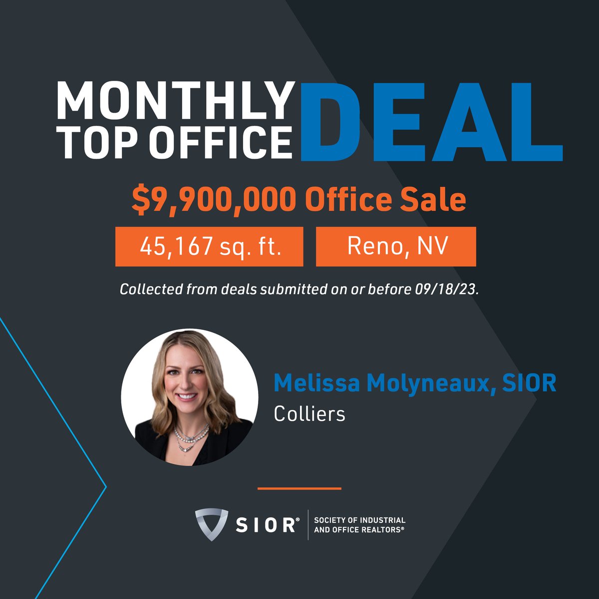 SIORglobal's tweet photo. Where there's an SIOR, there's a way to close the deal. Congrats to Melissa Molyneaux, SIOR, (@colliers_reno) for landing the top deal for the month of August with a $9.9M #office #sale in Reno, Nevada! Great work!
https://t.co/xXA9anXUuJ
#SIOR #CRE #TopBrokers #TopTransactions https://t.co/2fGPoM7lVA
