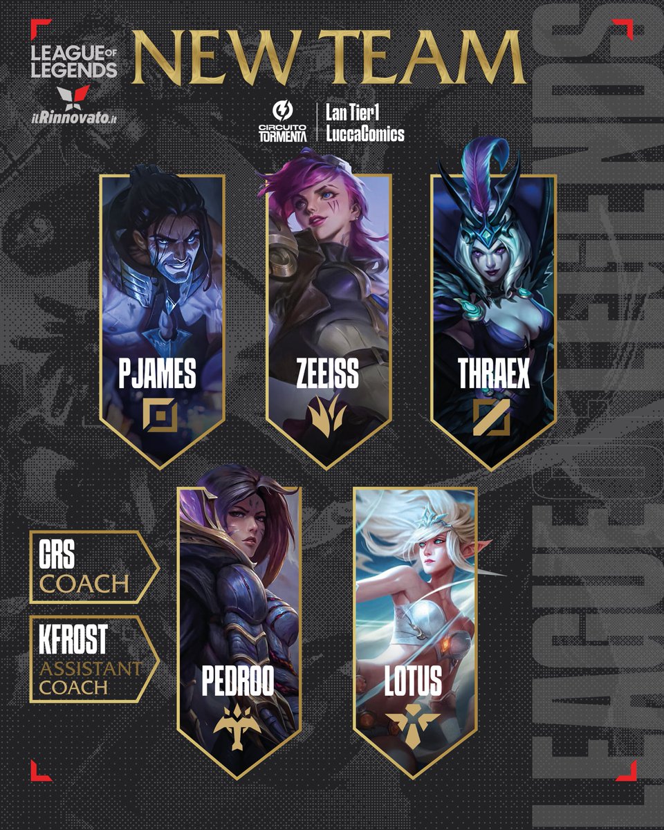 Vi presentiamo il nostro team per il T1+ qualifier del nuovo Tormenta ➕, con il quale ci giocheremo tutto per un posto alla finale a #luccaCG23 📷

Top: <a href="/Pjames_3/">pjames</a>  
Jungler: <a href="/zeeiss/">z iskandar</a> 
Mid: <a href="/_Thraex_/">Thraex</a> 
Support: <a href="/NotLosauro/">All</a> 
Adc: @peppelmao 

Coach: <a href="/Crs9797/">Crs9797</a> 
Assistant Coach: