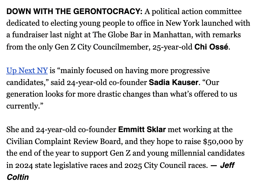 EmmittSklar's tweet photo. In @politicony Playbook this AM:

Thanks, @JCColtin for covering! https://t.co/sON5eXVbNI
