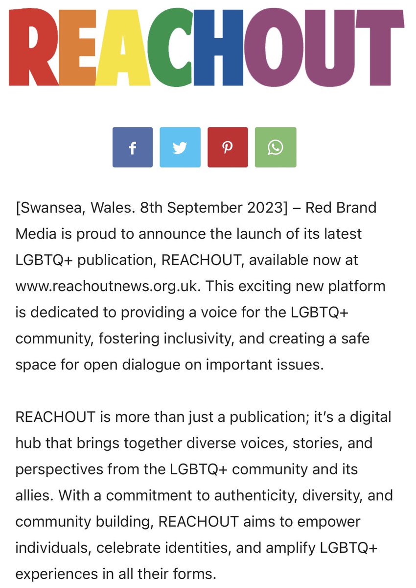 Proud to announce the launch of its latest LGBTQ+ publication, REACHOUT, available now at reachoutnews.org.uk. This exciting new platform providing a voice for the LGBTQ+ community, fostering inclusivity, and creating a safe space for open dialogue on important issues.