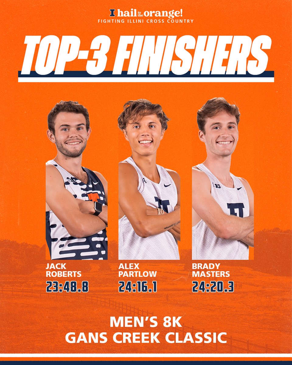 Your top-3 #Illini finishers from the men's race. The men's team took first overall with 46 points!

🥇<a href="/jackriberts/">Jack Roberts</a> (23:48.8) 🟠7th fastest in school history🔵
8. Alex Partlow (24:16.1) PB
9. Brady Masters (24:20.3)

#HTTO