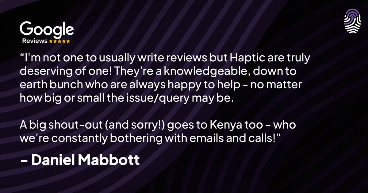 HapticNetworks's tweet image. ⭐️⭐️⭐️⭐️⭐️

"A knowledgeable, down to earth bunch who are always happy to help - no matter how big or small the issue may be."

Thanks Daniel for leaving this great #GoogleReview 👍

#TheHapticTouch #ITSolutionProvider #CustomerAppreciation