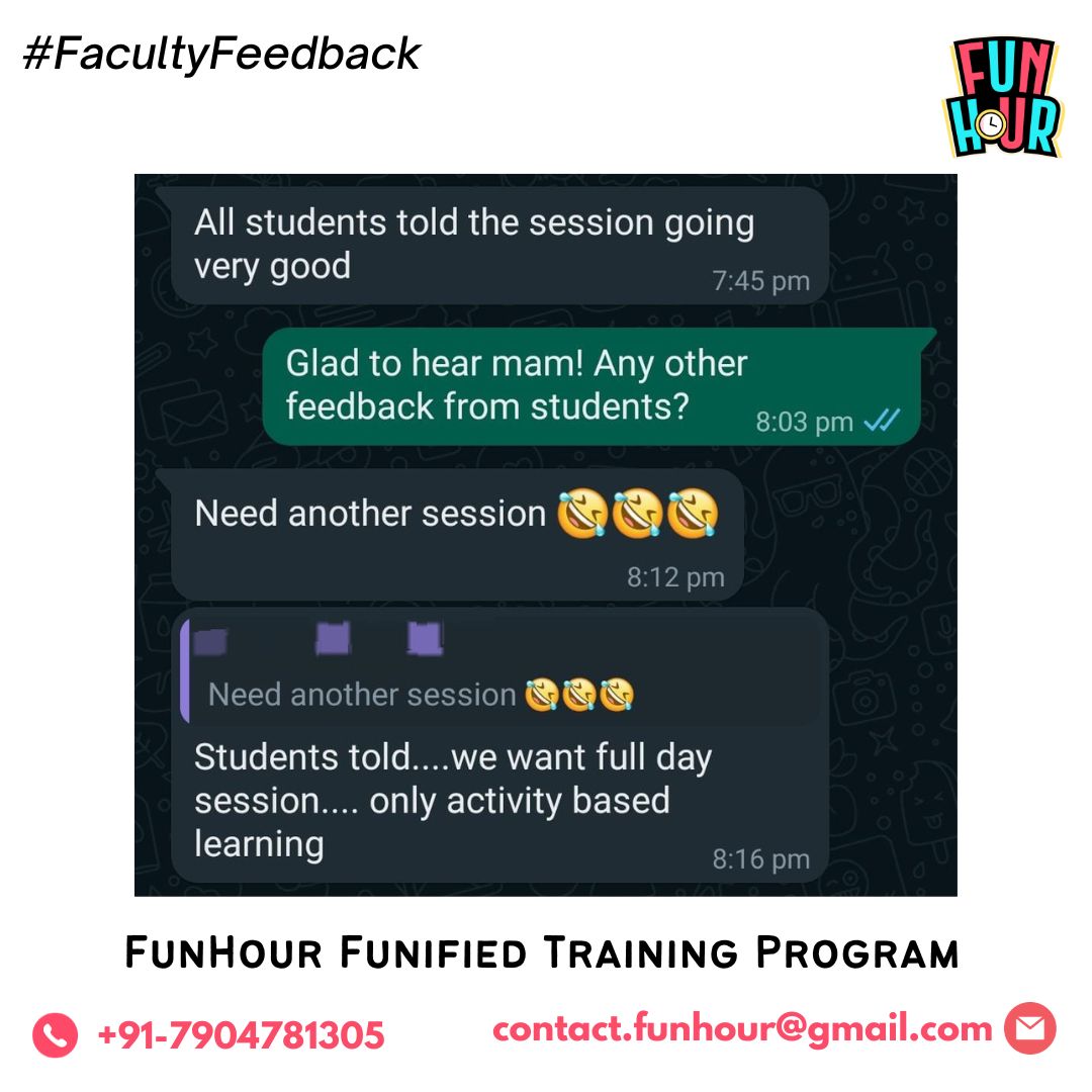 FunHourOfficial's tweet image. High Positive Feedbacks from our Students and Teachers across all our training venues, shows how much the students enjoy our #FunHour 's Funified Learning Program and how well teachers find it useful for their students. 

To arrange this program for Colleges and Schools, DM Us.