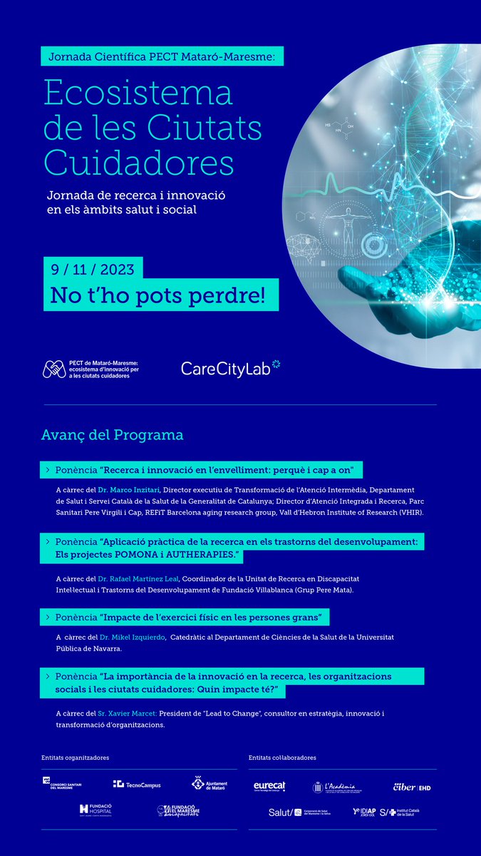MataroCuida's tweet photo. ➡️Avanç Programa de la Jornada Científica PECT Mataró-Maresme: Ecosistema de les Ciutats Cuidadores. 🗓️9/11/2023
📍TecnoCampus Mataró
🖱️Inscriu-te: https://t.co/9d1pAIw4FQ
#fonsEUCat #CareCityLab #PECT https://t.co/UhIqafJLrB