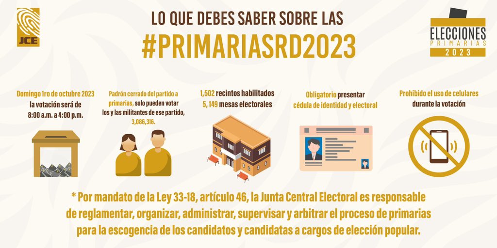 Estos son los 5 elementos que debes tener pendiente al momento de acudir a votar en las #PrimariasRD2023 👇

Recuerda revisar el listado de recintos, mesas y traslados administrativos habilitados aquí: 🔗bit.ly/44ZKVD6

#JuntaCentralElectoral