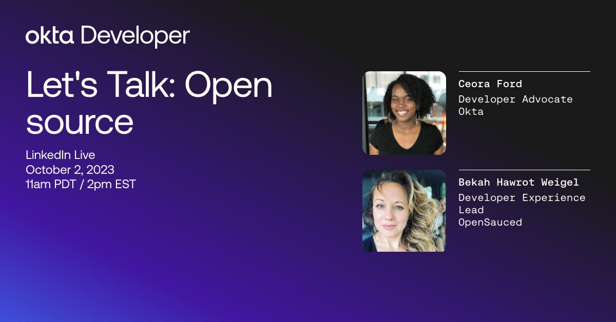 okay so of course i’m excited about my next linkedin live audio session which will be with the lovely <a href="/BekahHW/">BekahHW</a>🥳

we’ll be talking about all things open source on ✨october 2nd @ 2pm EST✨

see more about the event here➡️
linkedin.com/events/let-sta…
