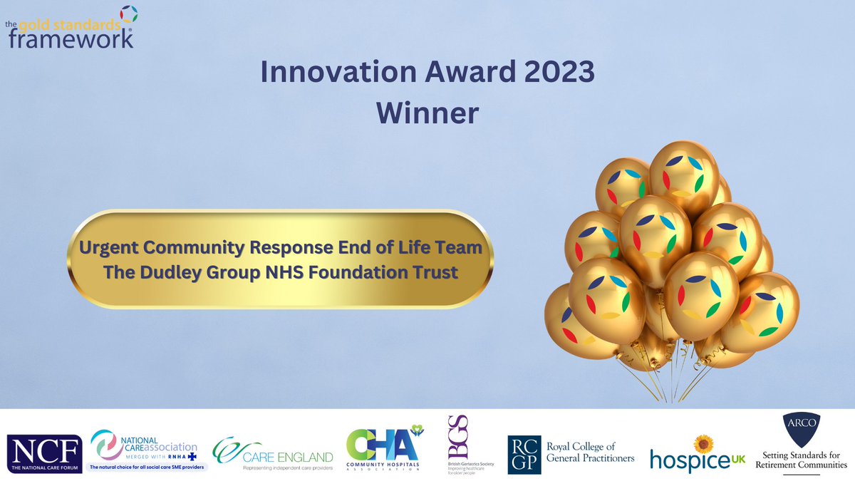 The Gold Standards Framework (@gsfcentre) on Twitter photo Huge congratulations to the Urgent Community Response End of Life Team from <a href="/DudleyGroupNHS/">The Dudley Group</a> for receiving the very first GSF Innovation Award ⭐
#GSFAwards23 Huge congratulations to the Urgent Community Response End of Life Team from <a href="/DudleyGroupNHS/">The Dudley Group</a> for receiving the very first GSF Innovation Award ⭐
#GSFAwards23