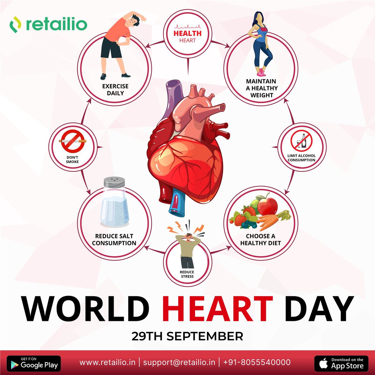 retailioapp's tweet photo. On World Heart Day, let's pledge to love our hearts by making healthy choices every day.
.
.
#WorldHeartDay2023 #Retailio https://t.co/k9FAW8nu3Q