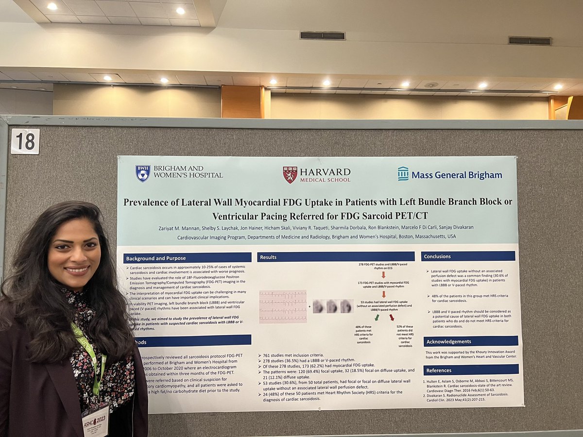 Congratulations to my friend and co-CV imaging fellow @BWHCVImaging, Dr Raya Mannan on an outstanding poster presentation on FDG in LBBB/pacing @MyASNC #ASNC2023 #CVNuc #ThinkPET @mdicarli @DorbalaSharmila @RonBlankstein @sanjaydivakaran @sarahcud @Bweber04 @VTaqMD @DanielMHuck