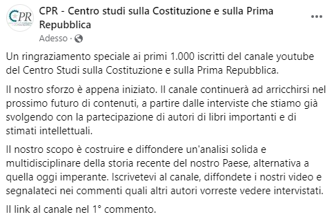 Un ringraziamento speciale ai primi 1.000 iscritti del canale youtube del Centro Studi sulla Costituzione e sulla Prima Repubblica.

Link al canale:
youtube.com/@CentroStudiCPR