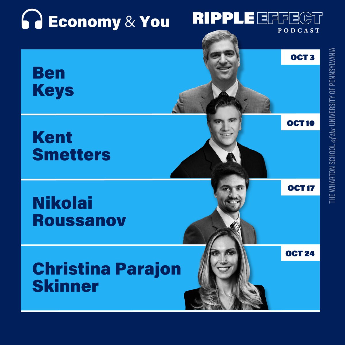 whartonknows's tweet photo. What should you know about today's economy? The next series of our Ripple Effect podcast features episodes on:

🎧 Real estate – @Key_Z_E
🎧 Economic modeling – @KentOnMoney
🎧 Signs of a recession – @NickRoussanov
🎧 The Fed – @CParaSkinner

Stay tuned: https://t.co/DB6ZHzm5mr https://t.co/7NaU4GtbVz