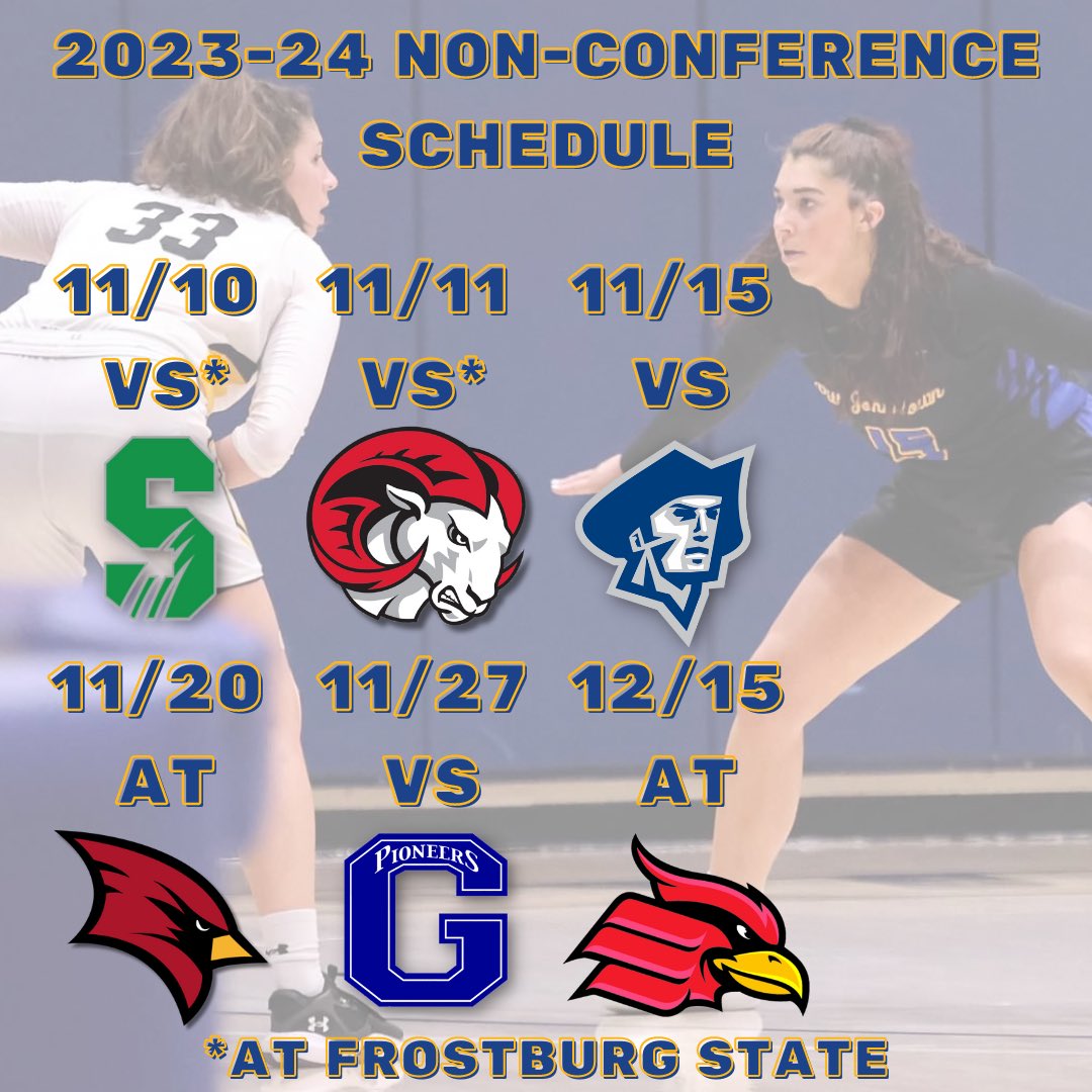 Here is our non-conference schedule for the 2023-24 season:
11/10 Vs. Salem (Frostburg St.)
11/11 Vs. Winston-Salem St. (Frostburg St.)
11/15 Vs. Malone
11/20 At Saginaw Valley St.
11/27 Vs. Glenville St.
12/15 At Wheeling