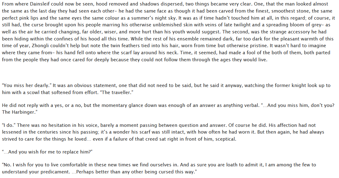 it was a pleasure and a delight to work on the genshin rarepair big bang <a href="/genshinbigbang/">Genshin Rarepair: Big Bang</a> !! i collaborated with <a href="/xuanravus/">serena ✧ comms📌</a> and wrote some modern au #zhongdain with bg zhongchi and platonic dain &amp; traveller !! <3 links will be below :D