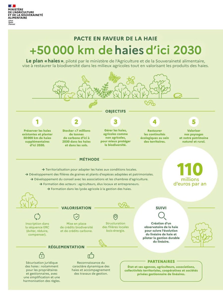 MFesneau's tweet photo. Les haies sont une composante essentielle de la diversité et de l’identité des paysages français🌱🌳🌲. 

Habitat naturel pour de nombreuses espèces, auxiliaire agricole, ressource de biomasse et élément patrimonial, les haies rendent de multiples services à la nature et aux sociétés humaines. 

Elles sont intimement liées aux activités des agriculteurs.

Grâce au « Pacte en faveur de la haie »📜, l’Etat propose, en association avec
→ Les régions ;
→ Les collectivités territoriales volontaires ;
→ Les agriculteurs ;
→ Les associations environnementales ;
→ Les chasseurs ;
→ Les entreprises gérant des réseaux de linéaires ;
De travailler ensemble pour arrêter la perte du linéaire et replanter des haies, et aboutir à 50.000 km de haie supplémentaires d’ici 2030🌱. 

Cette ambition pour la haie permettra
→ De mieux protéger la biodiversité ;
→ De stocker du carbone dans la végétation et dans les sols ;
→ De contribuer à la décarbonation de notre économie par l’apport de bois ;
→ D'apporter un complément de revenus à nos agriculteurs par la valorisation économique des haies ;
→ De protéger et restaurer nos paysages ruraux. 

C’est un magnifique défi collectif que l’État avec les collectivités et notamment les régions et les communes qui sont des acteurs essentiels de la réussite, accompagnera sur le temps long avec des moyens financiers inédits dans le cadre de la planification écologique voulue par le Président de la République.