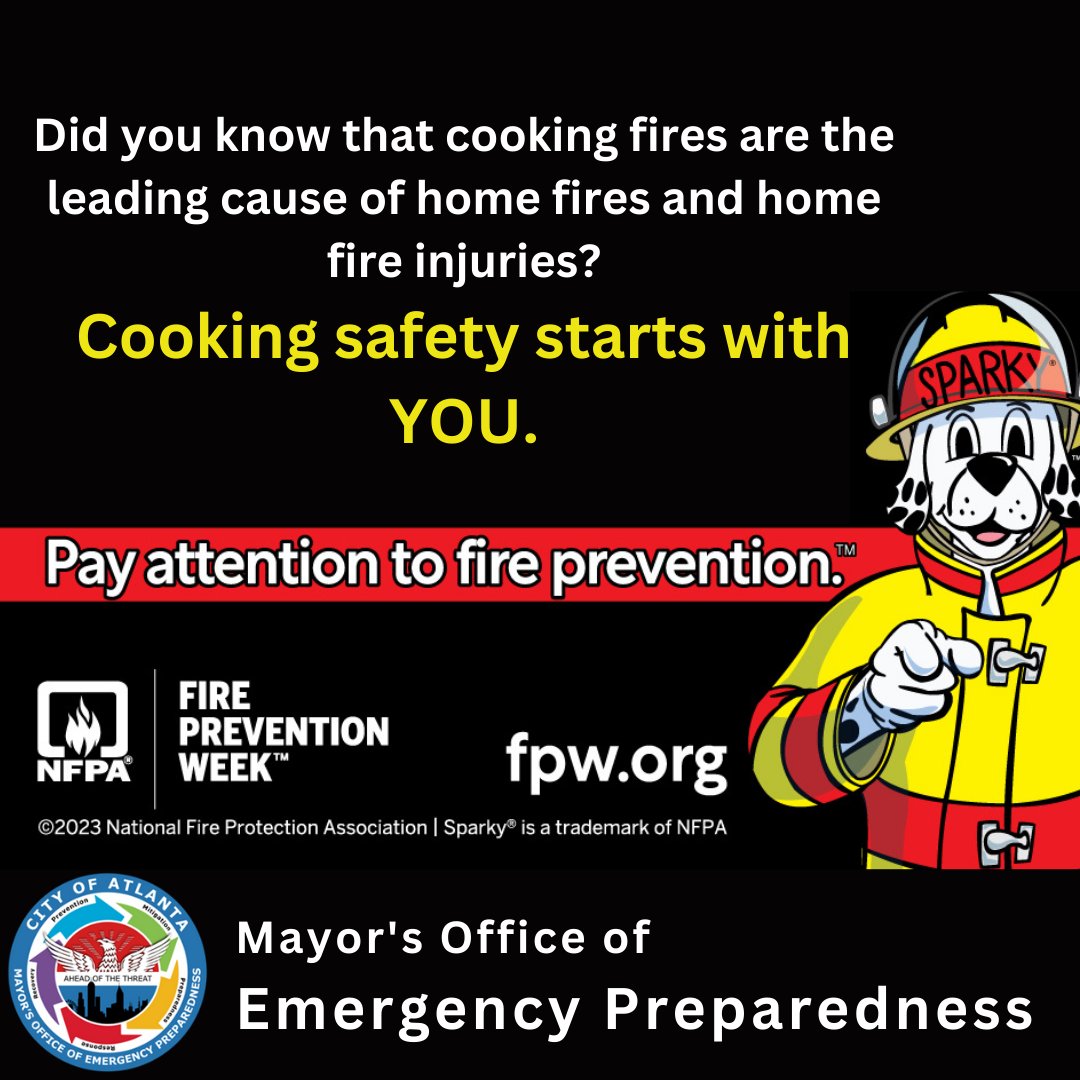 This year’s Fire Prevention Week™ campaign, “Cooking safety starts with YOU. Pay attention to fire prevention™,” works to educate everyone about simple but important actions to take to stay safe when cooking. Follow #MOEP and @ATLFireRescue for more tips! #FPW2023