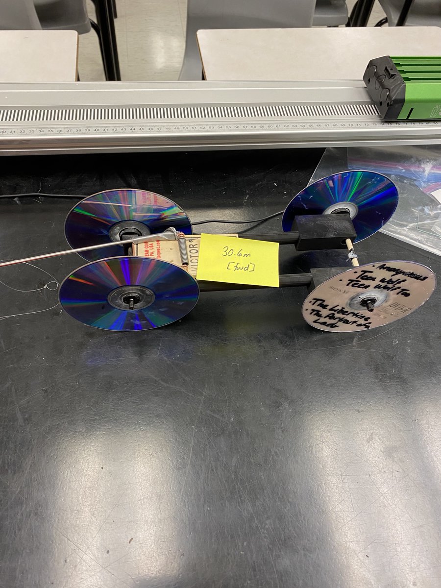 JPBrichta's tweet photo. The results of this year's mousetrap car race are in! The winning car in the afternoon class travelled 30.6 m [fwd], while the winning car in the morning class travelled 44.3 m [fwd]! #Physicsforeverybody https://t.co/zETFXeBXna