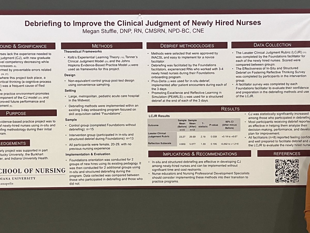 Dr. Stuffed finds debriefing and using a clinical judgment structured tool improves nurse transition to practice. <a href="/IUSON/">guda</a> <a href="/NLN/">National League for Nursing</a> ⁦<a href="/IUPUI/">IUPUI</a>⁩
