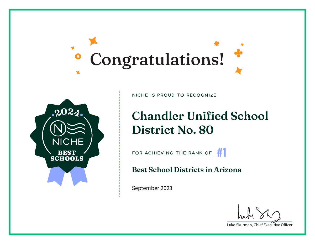 It's official! CUSD ranks as "#1 in Best School Districts in Arizona" with Niche! Thanks to our supportive families and dedicated staff members. #WeAreChandlerUnified