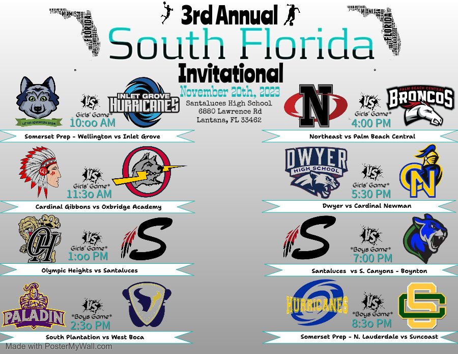 #SouthFLoridaInvitationalSchedule 

@rmfmagazine @miamidadebb @pbphighschools @Rangeman_Films @305Hoops @EraPrep @ESPNTop63 @PrepHoops @FutureDraftStyl @SSHighSchools @JucoRecruiting @CanesWBB @FIUAthletics @FAUMBB @FAUWBB @palmbeachwbb @palmbeachwbb @INDIANRIVER_WBB @IRSC_Hoops