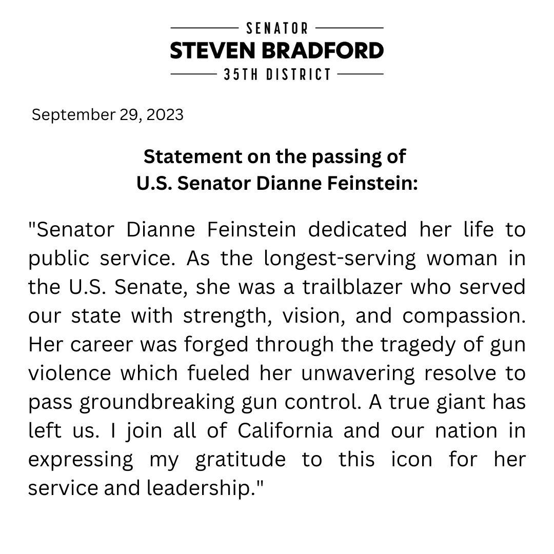 Senator Dianne Feinstein dedicated her life to public service. A true giant has left us. I join all of California and our nation in expressing my gratitude to this icon for her service and leadership.