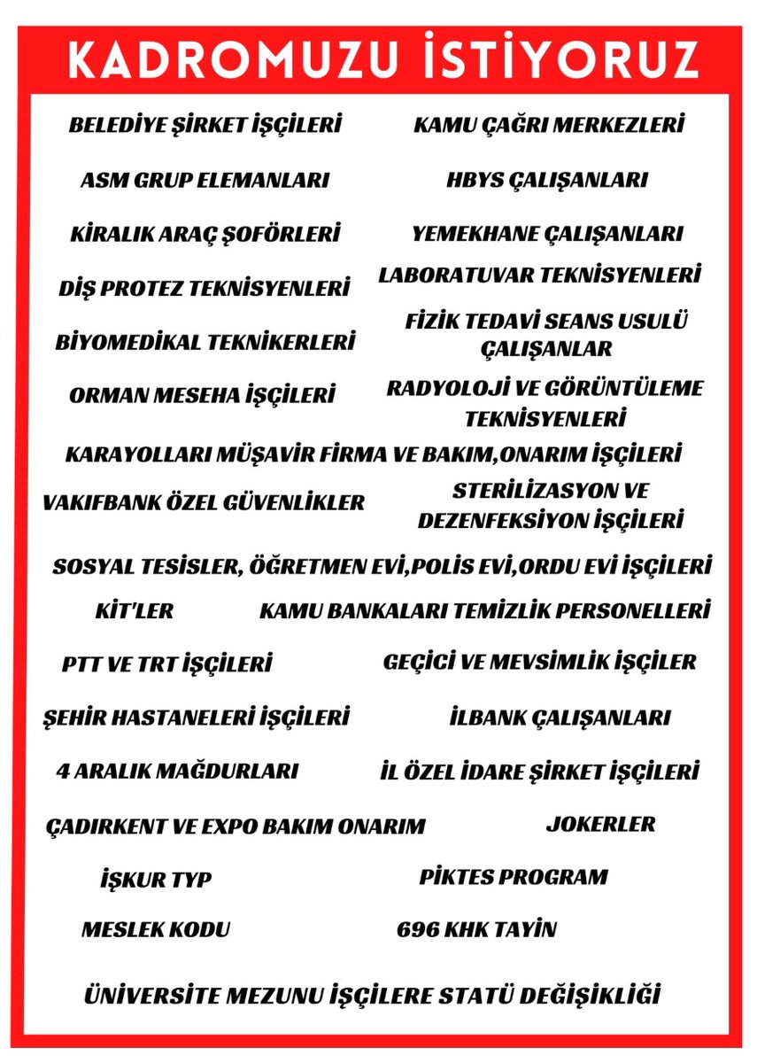 SnmezBurin's tweet photo. Kamu Kurum ve Kuruluşlarında Çalışan #Taşeron İşçilere Ayrımsız #Kadro Hakkının Verilmesini Talep Ediyoruz..!
#TaşeronaKadro #BelediyeŞirketİşçileriKadro
#AsmGrupElemanınaKadro
#KitlereKadro
#YüzdeYetmişeTakılanlaraKadro
#TypyeKadro
#ÜniversiteliİşçilerStatüDeğişikliği https://t.co/taamoxptsu