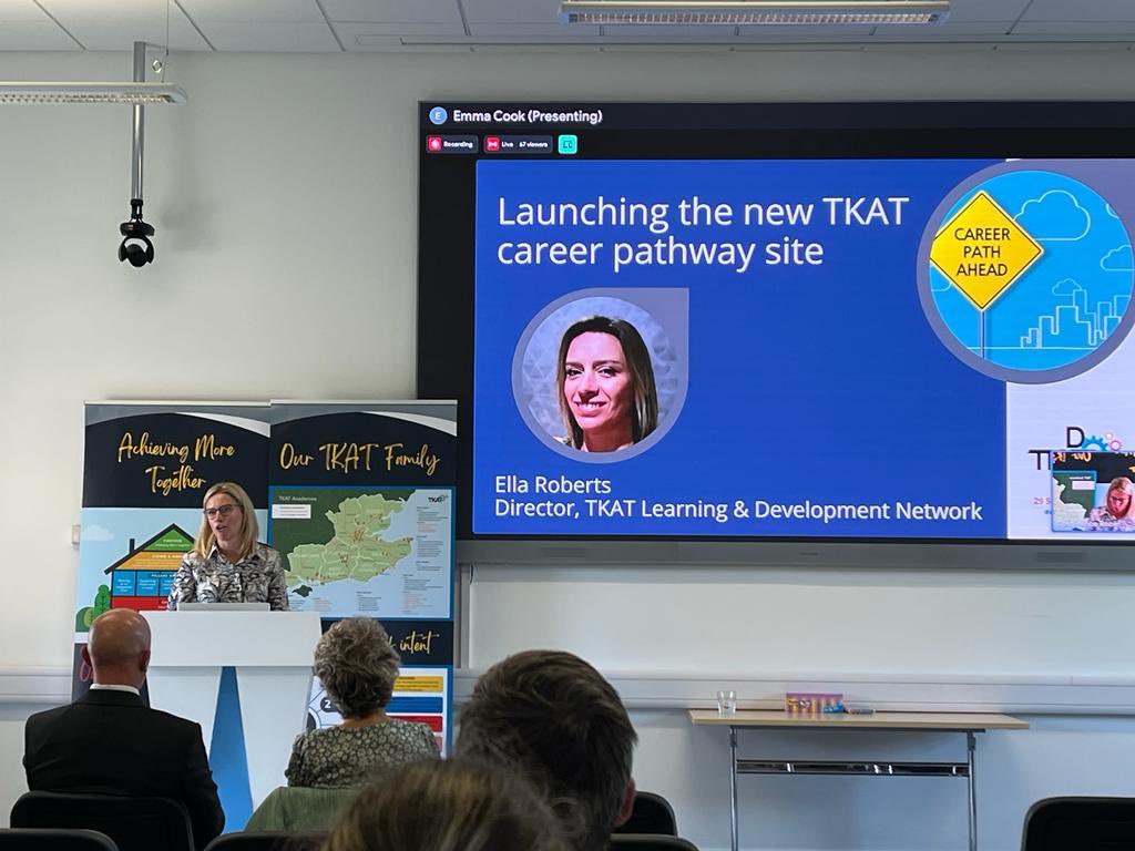 Our @TKATAcademies @EllaRobsedu comes to the podium to talk about the TKAT Career Pathway website. There are opportunities for you at every level throughout your #career Lots of #opportunities available. #oneTKATfamily #TKATDay2023