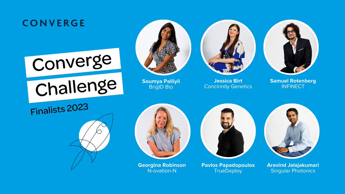 Converge (@convergec) on Twitter photo Attending #ConvergeAwards next Weds? Say hello to the 6 finalists competing in the Converge Challenge category: <a href="/JessicaCBirt/">Jessica Birt</a> from #ConcinnityGenetics <a href="/infi_nect/">InfiNect</a> <a href="/SoumyaPalliyil/">Soumya Palliyil</a> from #BrigIDBio <a href="/RobinsonGeorgi/">Georgina Robinson</a> from #NovatioN <a href="/TrueDeploy/">TrueDeploy</a> & #SingularPhotonics We wish you luck! Attending #ConvergeAwards next Weds? Say hello to the 6 finalists competing in the Converge Challenge category: <a href="/JessicaCBirt/">Jessica Birt</a> from #ConcinnityGenetics <a href="/infi_nect/">InfiNect</a> <a href="/SoumyaPalliyil/">Soumya Palliyil</a> from #BrigIDBio <a href="/RobinsonGeorgi/">Georgina Robinson</a> from #NovatioN <a href="/TrueDeploy/">TrueDeploy</a> & #SingularPhotonics We wish you luck!