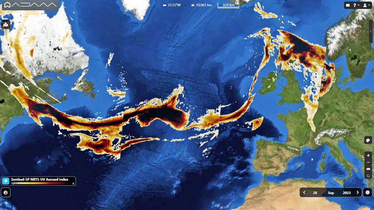 PlatformAdam's tweet photo. From #Canada to #Europe by air.
The neverending #wilfires in #BritishColumbia and #Alberta produced a huge plume of smoke, visible by #Copernicus #Sentinel5p AI on Sept. 28. Crossing the #Atlantic the long transport of smoke reached #UK, while a new one is arriving. #AirQuality https://t.co/CG92q1tOON