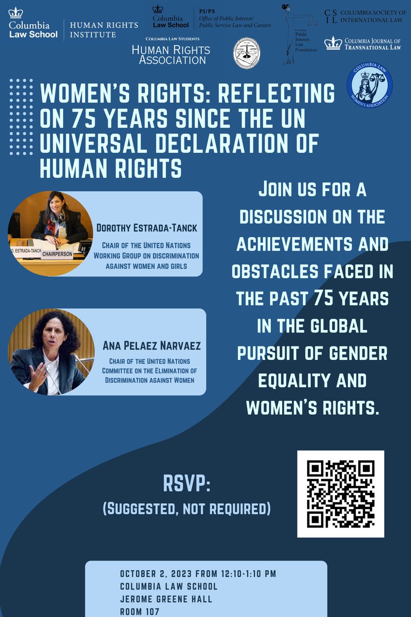 🗓️ Join us on Monday, October 2nd, at @ColumbiaLaw for an engaging discussion on #UDHR75! 🌍 Reflecting on 75 years of the Universal Declaration of Human Rights, we will explore the changing world of gender equality & women's rights.🚺What should our focus be in the years ahead?