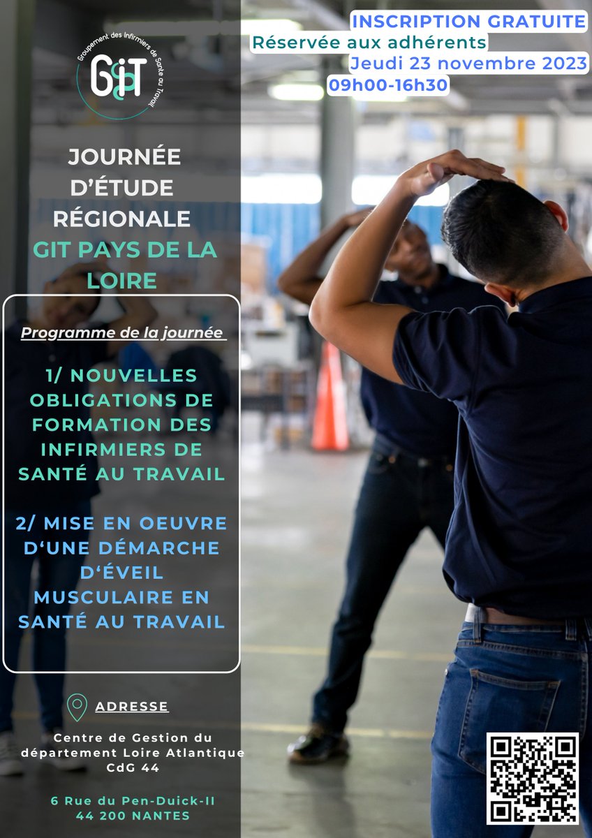 Groupement_IST's tweet image. C’est au tour du bureau GIT Pays De La Loire de vous inviter à une Journée d'#Étude et de #Formation qui se tiendra à #Nantes

🗓️ Jeudi 23 novembre  - 09h à -16h30

Pour vous inscrire, merci de compléter ce formulaire : 👉👉lnkd.in/epMUNM4M

#infirmiers #santétravail