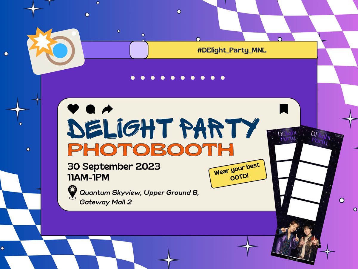 PHDalnim's tweet photo. Capture your #DElightfulMomentwithDnE by visiting our 𝐃𝐄𝐥𝐢𝐠𝐡𝐭𝐟𝐮𝐥 𝐏𝐡𝐨𝐭𝐨𝐛𝐨𝐨𝐭𝐡 📸 

📍Quantum Skyview, Upper Ground B, Gateway 2
📅 Sept 30, 11AM-1PM

Don’t forget to wear your best OOTD! See ya at #DElight_Party_MNL 🤭

#EUNHYUK #DONGHAE #은혁 #동해 https://t.co/wxIl6GG52p