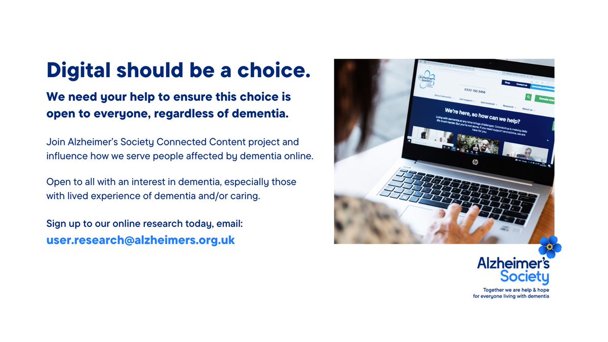Want to improve the online world for people affected by #Dementia? If you're a...
🧓 Person living with dementia
👩‍🦰 Current/former #carer
👩‍⚕️ Health/Care professional
<a href="/alzheimerssoc/">Alzheimer's Society</a> needs you to join our research. Could you make a difference? Email user.research@alzheimers.org.uk