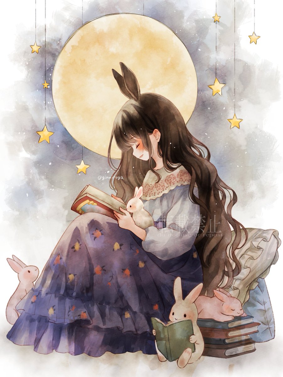 1girl book rabbit long hair moon open book sitting  illustration images