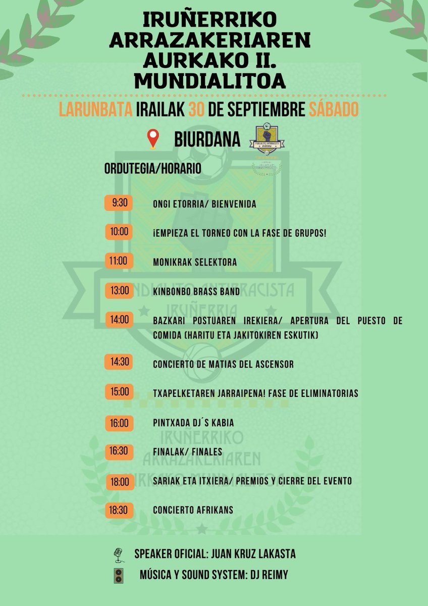 IrunekoAuzoak's tweet photo. Este sábado en las pistas de Biurdana se celebra la segunda edición del mundialito antiracista de Iruñerria. Una ocasión inmejorable para practicar deporte, conocer gente y derribar a balonazos los muros del racismo y la discriminación! 

Aquí jugamos todas!! ⚽🏐🏀 https://t.co/PSXCHUnWLZ