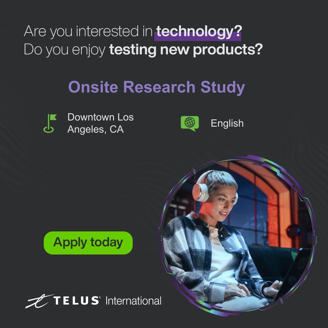 telusjai's tweet photo. Hi, California! @TELUS has an Onsite Research Study Opportunity in Downtown, Los Angeles! Refer to our LinkedIn job ad to see full details. #losangeleshiring #losangelesjobs #losangelesfreelance #californiajobs https://t.co/pHcba2rqkH https://t.co/lLCViKPcnB