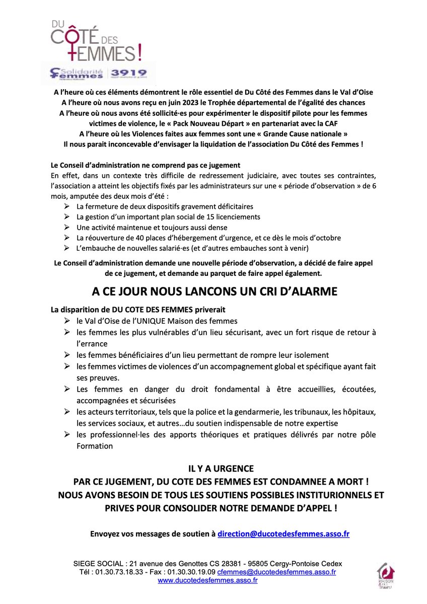 📷📷📷
URGENCE!! Prononciation de la liquidation de l'Association Du Côté Des Femmes.  Réagissons ensemble!
Merci de votre aide #MeToo #Feministe #droitsdesfemmes