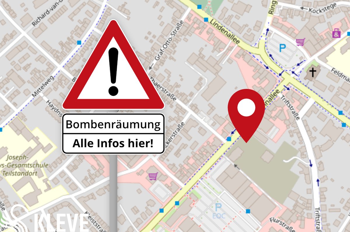 Bombenfund in Kleve! An der Hoffmannallee, auf dem Gelände der Baustelle der Gesamtschule, wurde eine Weltkriegsbombe gefunden. Evakuierungen voraussichtlich ab 15:00 Uhr. Entschärfung im Anschluss. Alle Infos, Liveticker und Karten: kleve.de/bombe