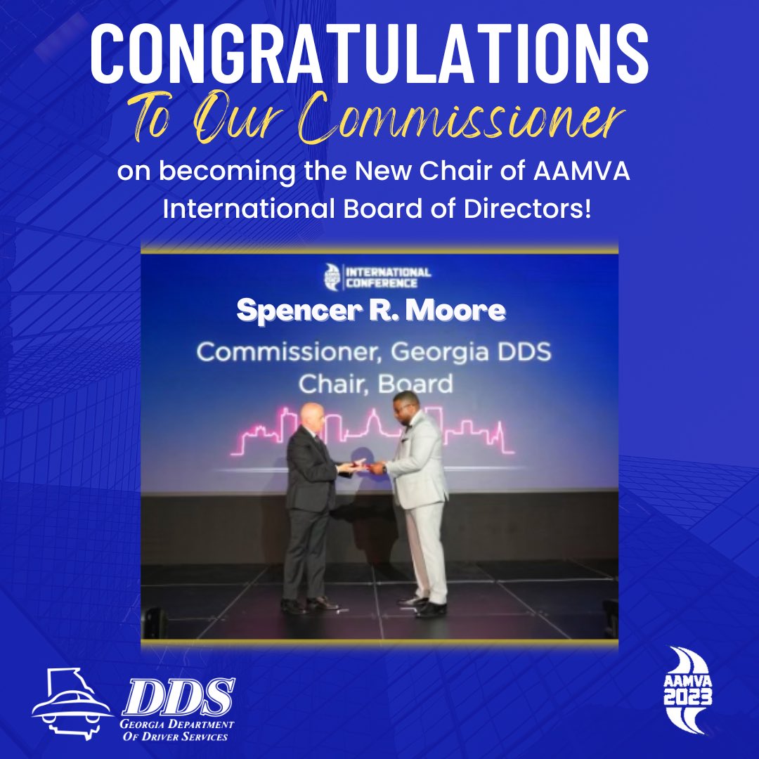 GeorgiaDDS's tweet photo. Big Newsπ Our Commissioner Spencer R. Moore takes the wheel as Chair of @AAMVAConnection 's International Board of Directors! ππ His leadership and expertise will drive us toward enhanced safety and service excellence. Congrats, Commissioner Moore! #AAMVA https://t.co/10JuS1oi1W
