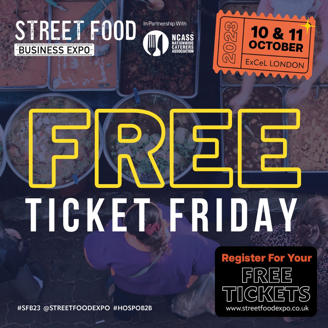 🎉 FREE TICKET FRIDAY! 🎉

🚨 Tickets are LIMITED! Just under 2 weeks until we open the doors to Europe’s leading business event dedicated to street food and catering professionals! 🎟️

Grab your FREE TICKETS now! bitly.ws/TEGz

#SFBE23 #HOSPOB2B