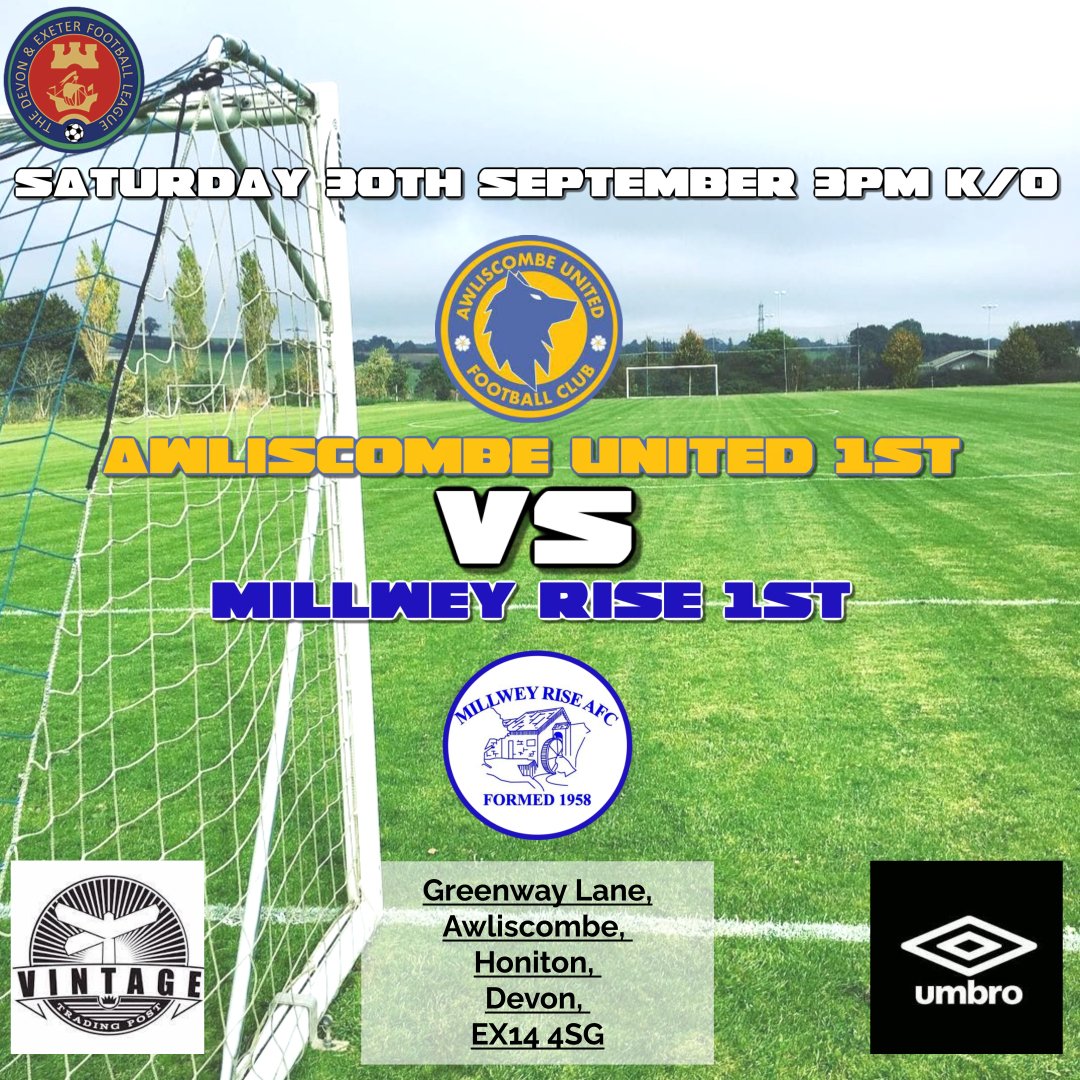 MillweyRiseAFC's tweet photo. This weekends fixtures sees both teams playin with the 1st XI playing away to Awliscombe and the 2nds playing at home against Heavitree.
both games kick-off at 3pm.
The bar and tea hut will be open for refreshments. https://t.co/ByCRlJr7S9